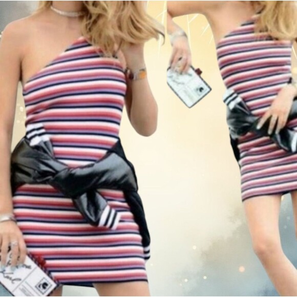 Zara Dress One Shoulder Mini Striped Stretchy Ribbed Body Con Summer Par… - Picture 4 of 16